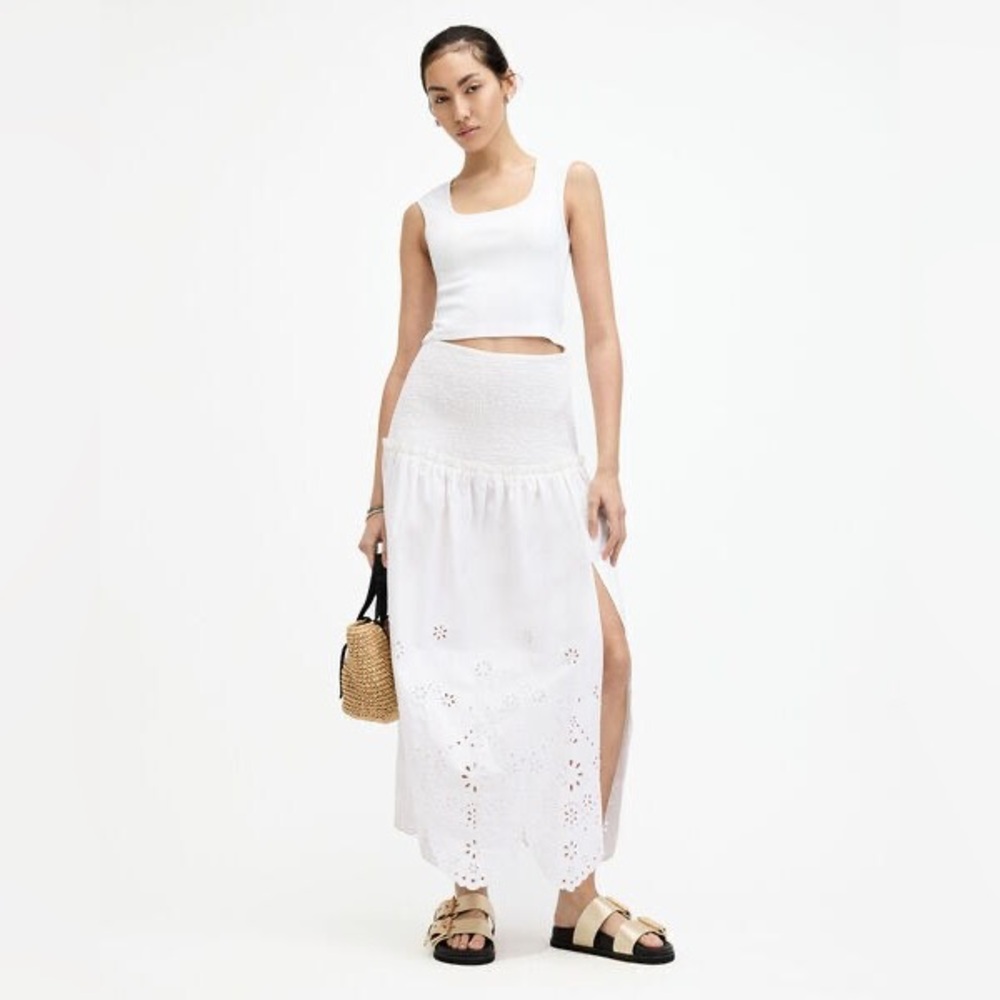 All saints ALEX EMBROIDERED BRODERIE MIDI SKIRT in size 4 NWT in white